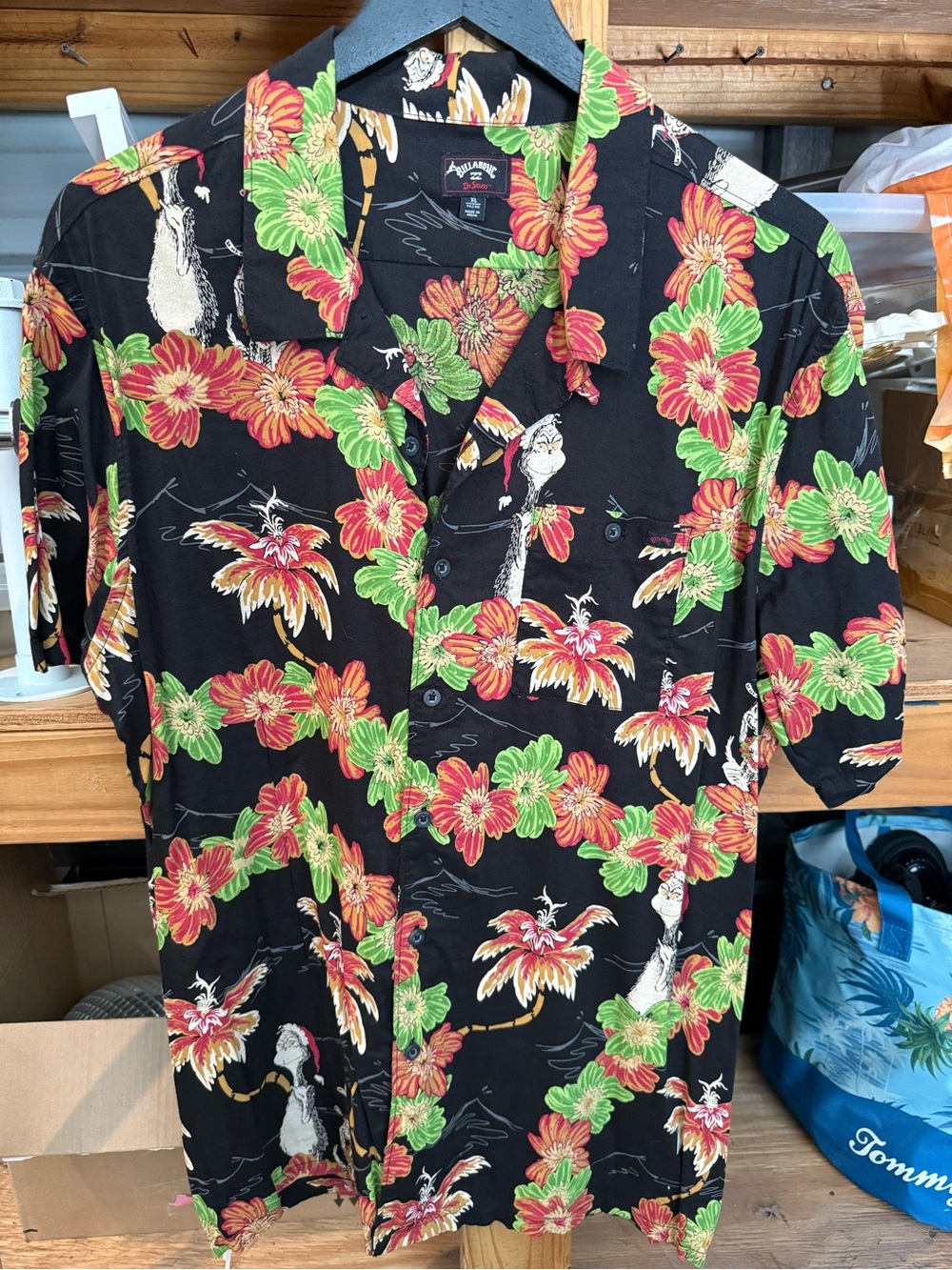 Billabong Black Button-Down Hawaiian Shirt with Red and Green Floral Print
